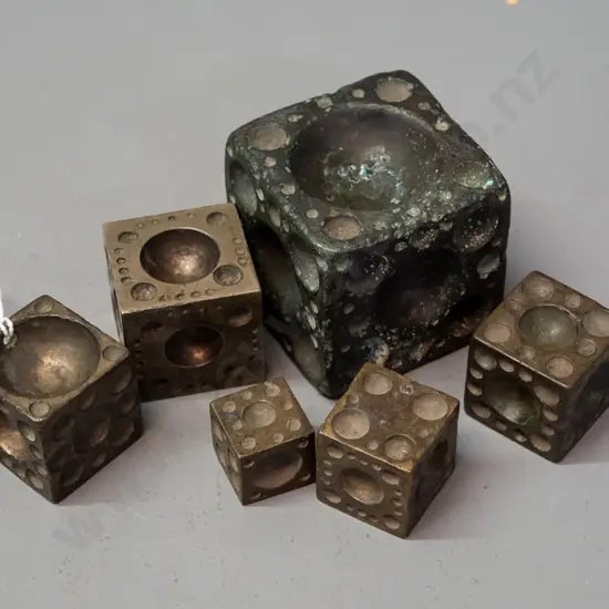 6 metal jewellers doming stakes / dyes - varying metals and sizes, one has Indian script markings, largest is 55x55x55