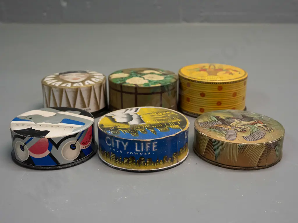 6 vintage cardboard & paper face powder containers with contents, 3 are still sealed - French deco style, Yardley London Image 1++