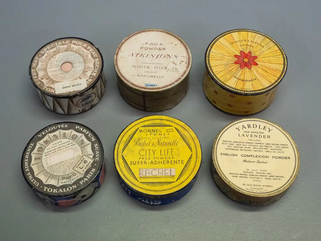 6 vintage cardboard & paper face powder containers with contents, 3 are still sealed - French deco style, Yardley London Image 1++