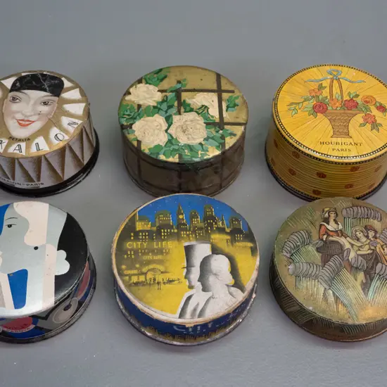 6 vintage cardboard & paper face powder containers with contents, 3 are still sealed - French deco style, Yardley London