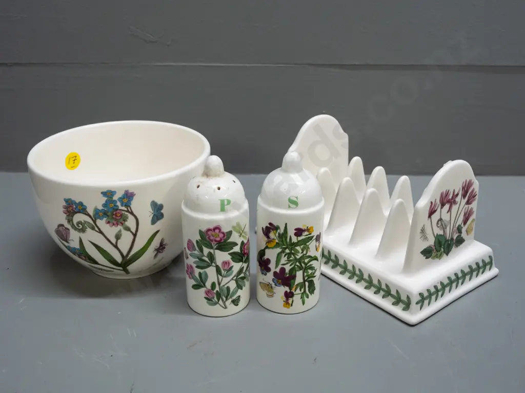Portmeirion Botanic Garden items - toast rack, small salt & pepper and a small bowl H-90 D-120 Image 1++