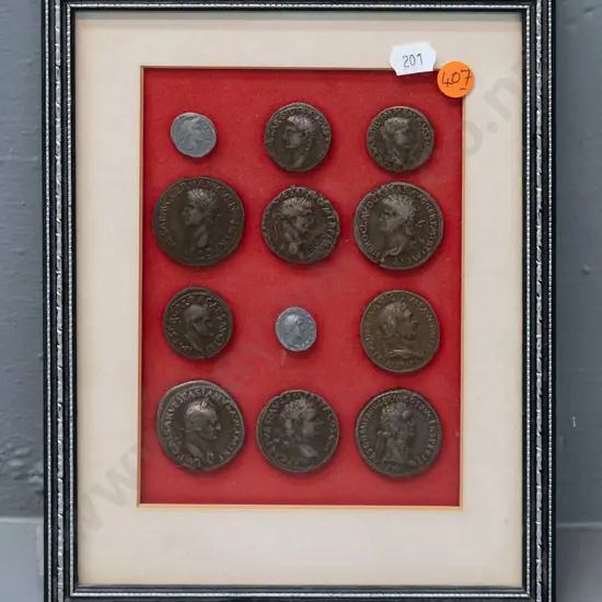group of framed reproduction Roman coins - frame is H-250 W-200
