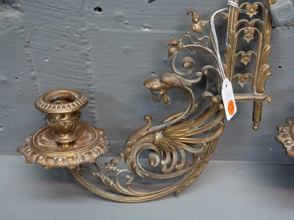 pair of vintage ornate cast brass piano sconces with winged figure - sone cleaning residue H-240 W-220 Image 1++
