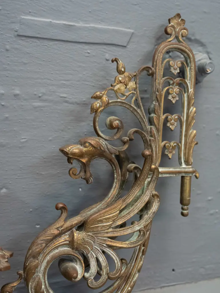 pair of vintage ornate cast brass piano sconces with winged figure - sone cleaning residue H-240 W-220 Image 1++
