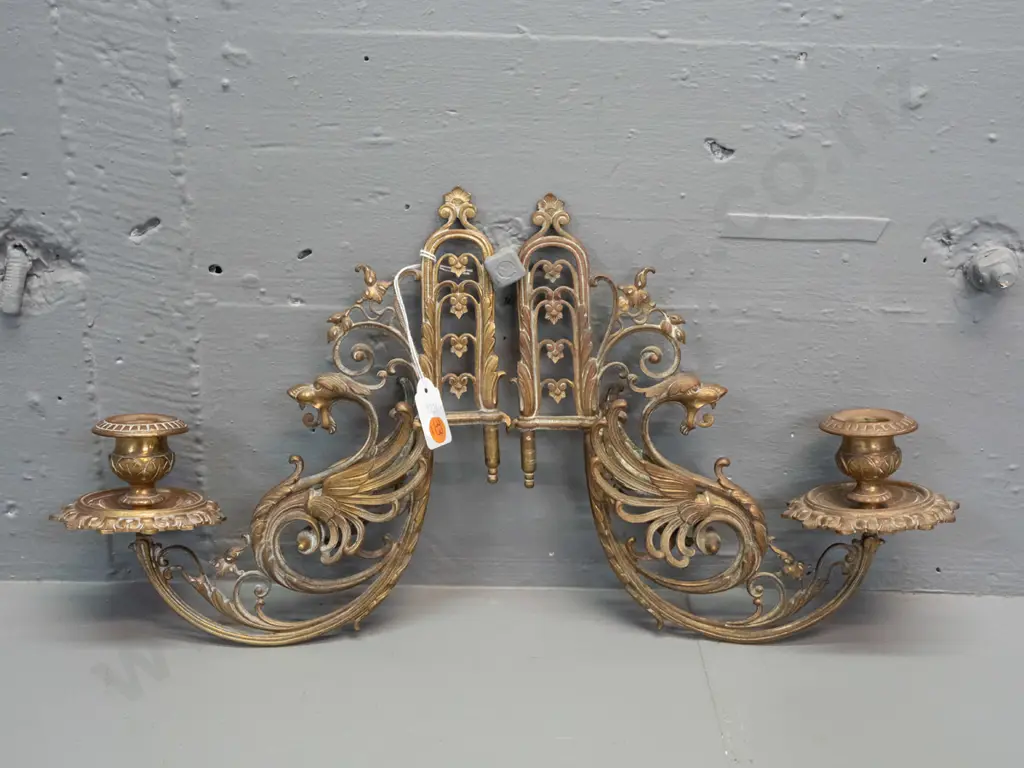 pair of vintage ornate cast brass piano sconces with winged figure - sone cleaning residue H-240 W-220 Image 1++