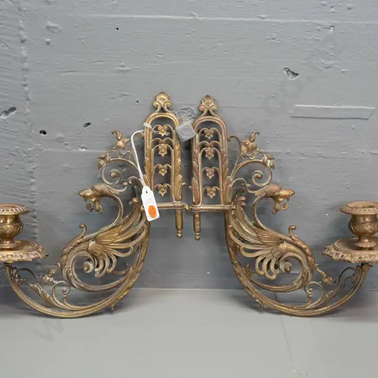 pair of vintage ornate cast brass piano sconces with winged figure - sone cleaning residue H-240 W-220