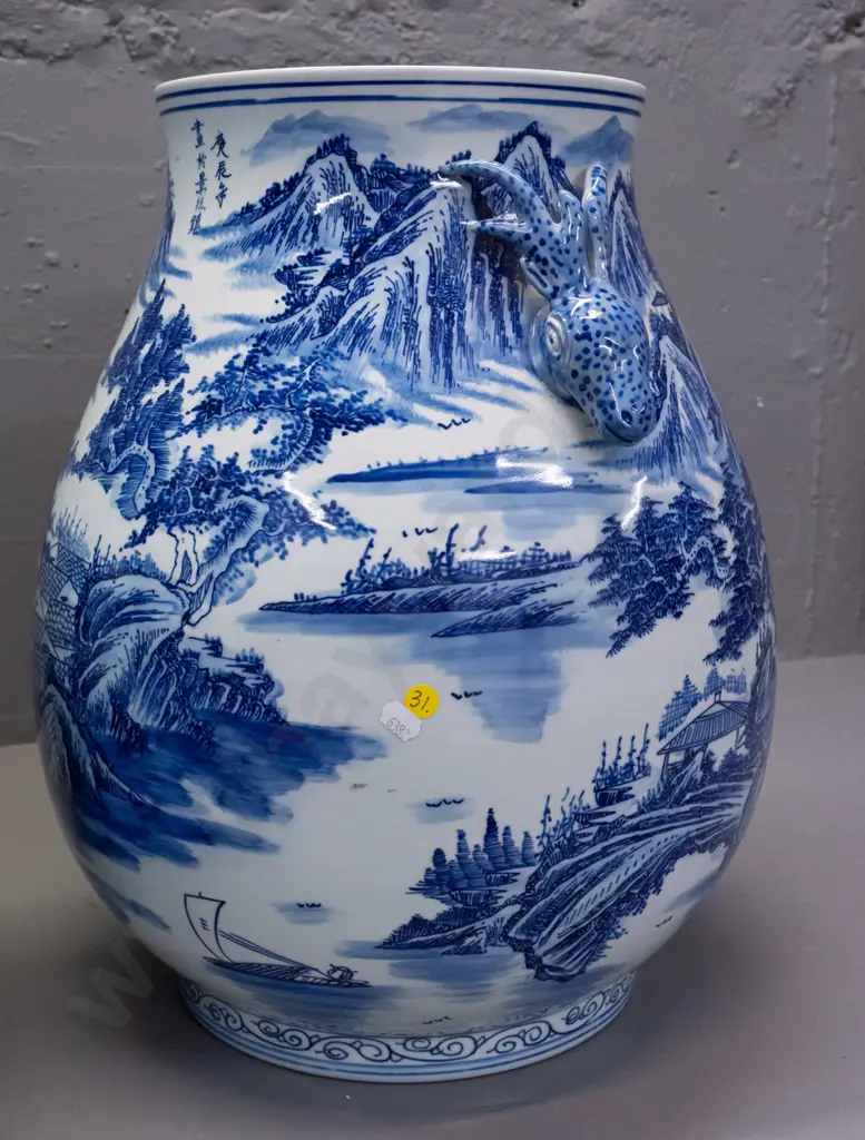 pair of large Chinese blue & white floor vases with flared rim, antelope head handles, landscape & village decoration. Image 1++