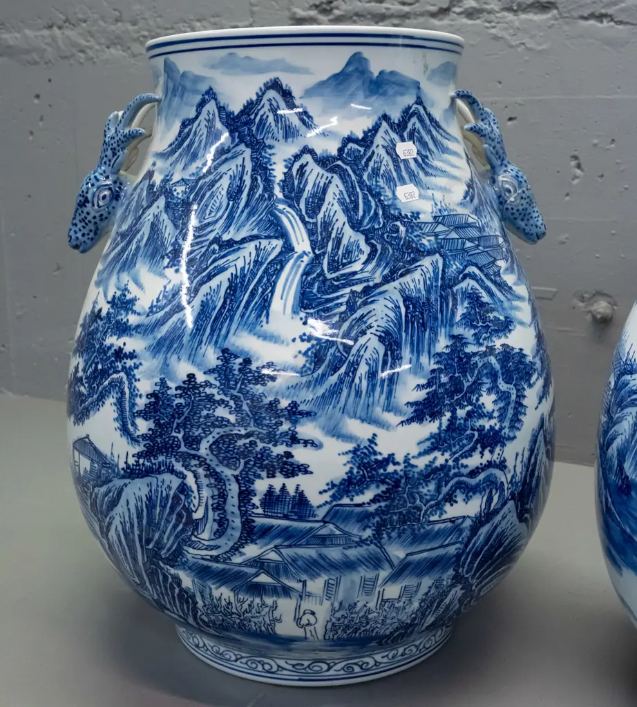 pair of large Chinese blue & white floor vases with flared rim, antelope head handles, landscape & village decoration. Image 1++