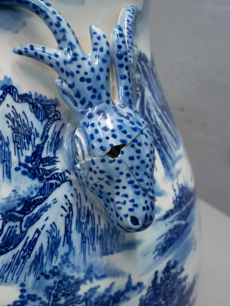 pair of large Chinese blue & white floor vases with flared rim, antelope head handles, landscape & village decoration. Image 1++