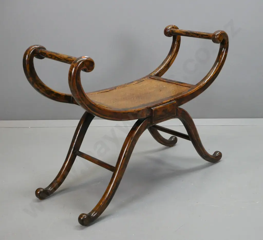 Chinese Regency-style horn chair with scrolling arms and base, lacquered woven inlaid seat, some age & usage wear H-730 Image 1++