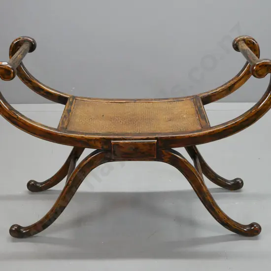 Chinese Regency-style horn chair with scrolling arms and base, lacquered woven inlaid seat, some age & usage wear H-730