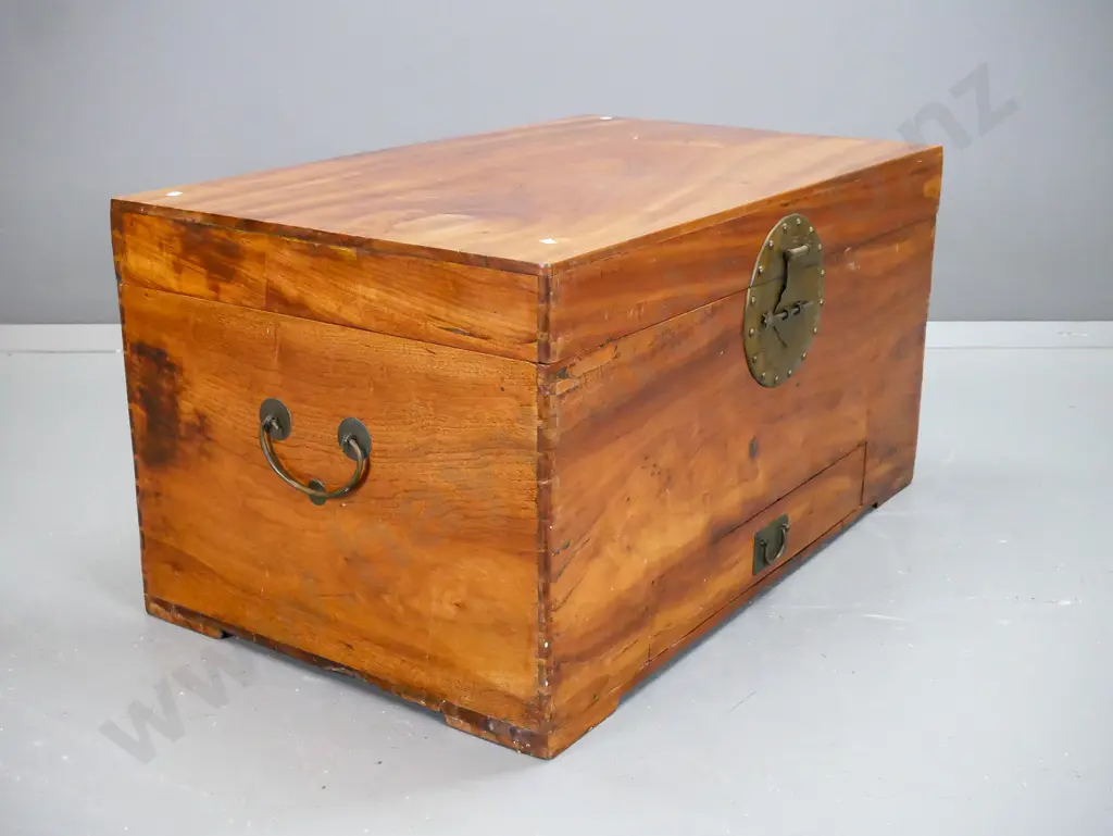 vintage Chinese camphorwood chest with bottom drawer, brass circular latch plate and pin, brass handles, exposed dove- Image 1++