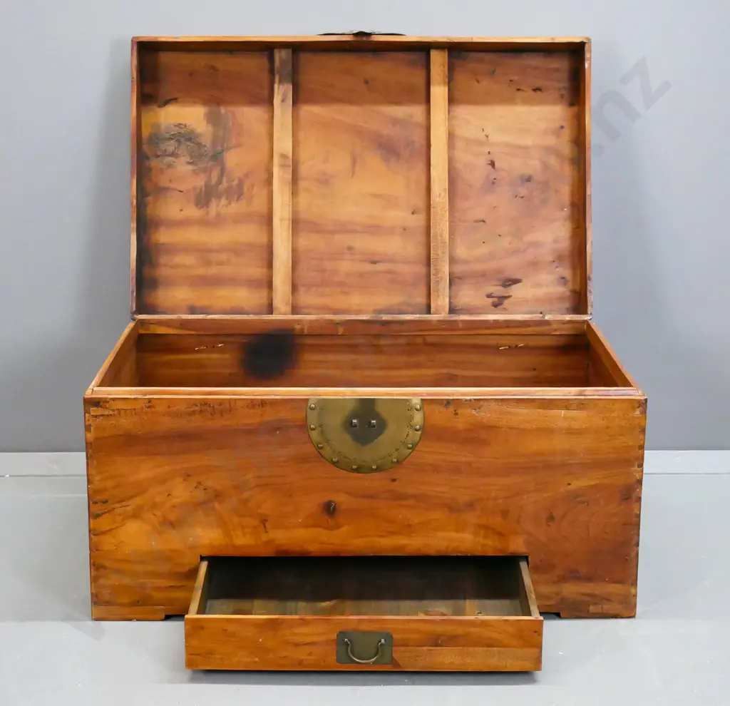 vintage Chinese camphorwood chest with bottom drawer, brass circular latch plate and pin, brass handles, exposed dove- Image 1++