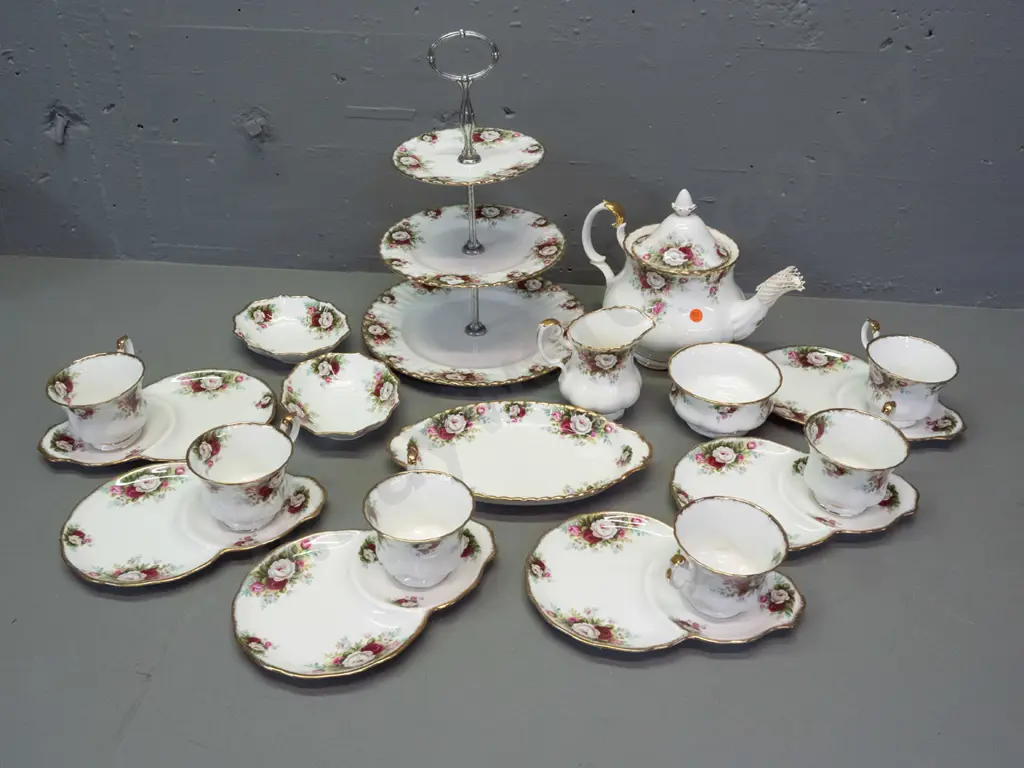 Royal Albert "Celebration" tea ware - teapot, 3-tier cake plate, 6 tennis sets, cream & sugar, oval dish and 2 smaller Image 1++