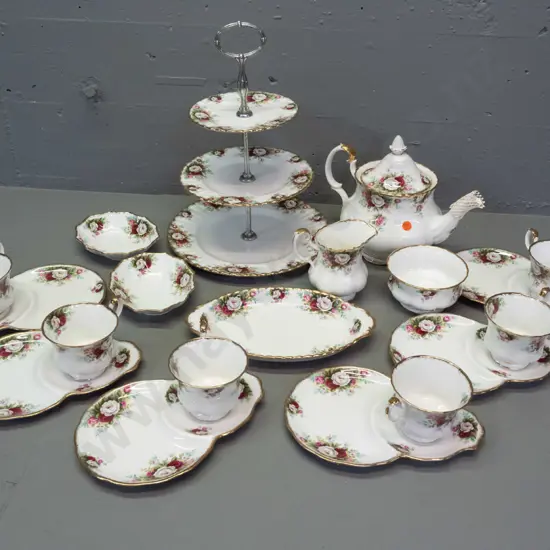 Royal Albert "Celebration" tea ware - teapot, 3-tier cake plate, 6 tennis sets, cream & sugar, oval dish and 2 smaller
