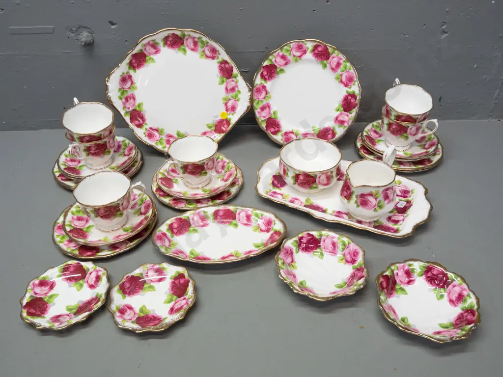 Royal Albert "Old English Rose" tea set. 6x trios, cake plate, sandwich tray, cream & sugar, assorted smaller dishes Image 1++
