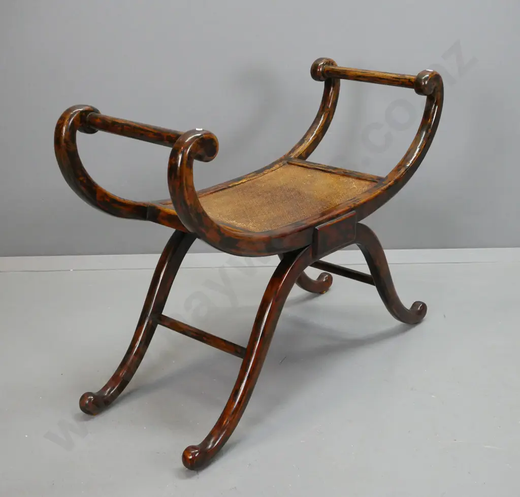 Chinese Regency-style horn chair with scrolling arms and base, lacquered woven inlaid seat, some age & usage wear H-730 Image 1++