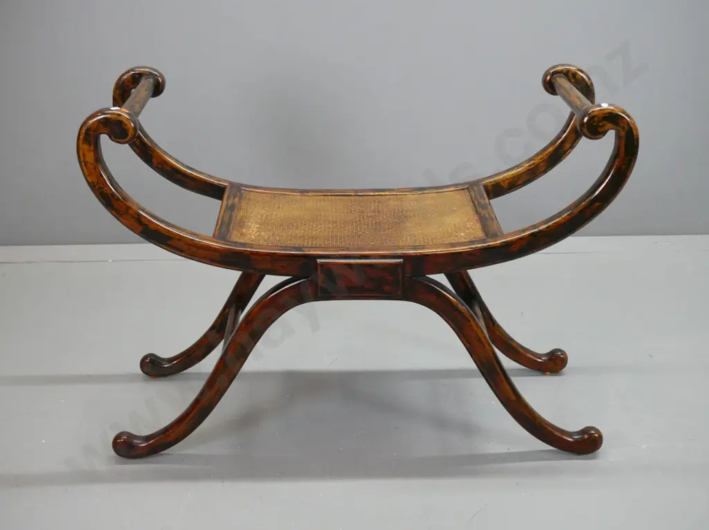 Chinese Regency-style horn chair with scrolling arms and base, lacquered woven inlaid seat, some age & usage wear H-730 Image 1++