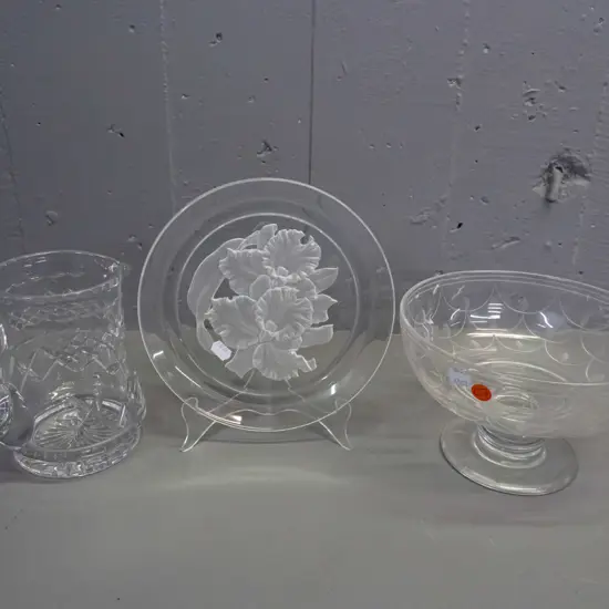 Stuart cut crystal jug and comport and a etched and frosted plate w/ relief floral pattern, unknown maker's mark - some