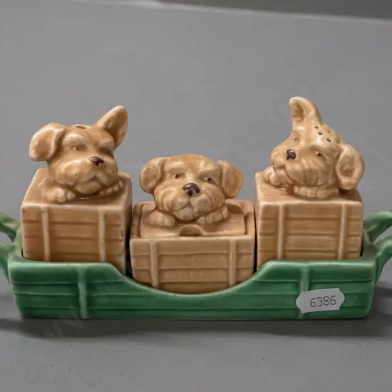 Sylvac dog-themed condiment set, pattern #1715. Excellent condition.