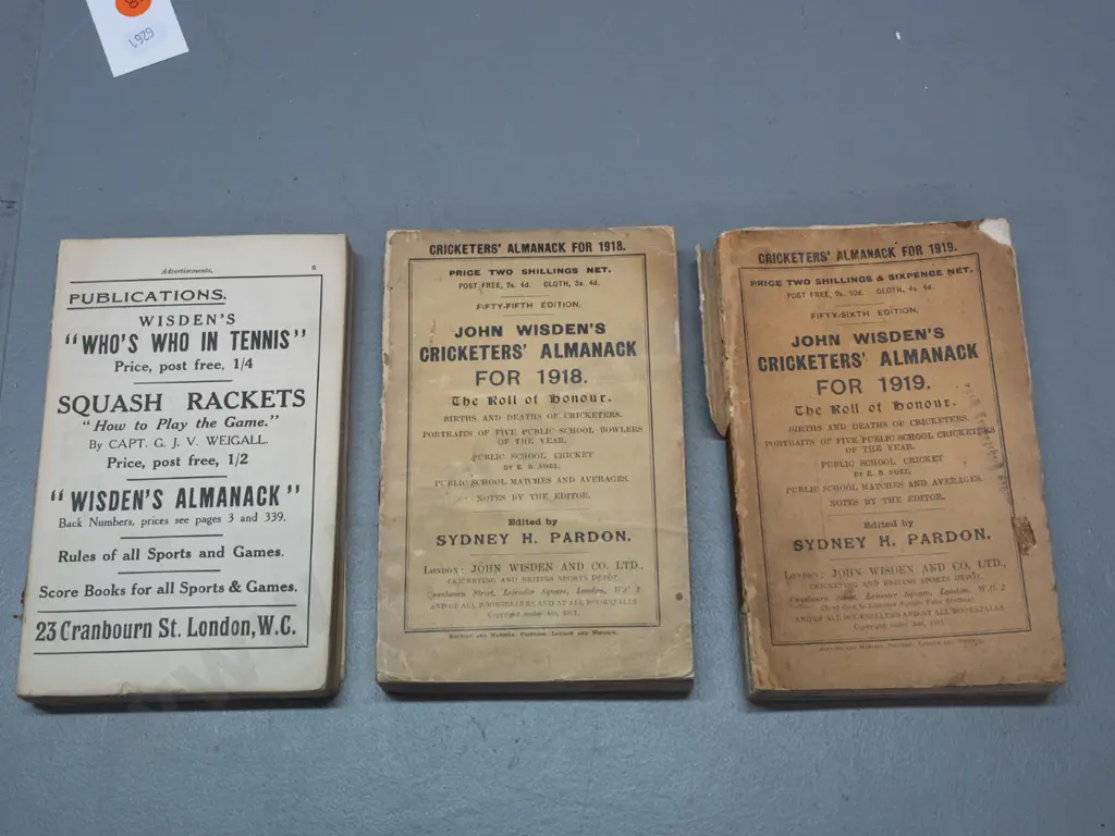 3 Wisden Cricketer's Almanack books - 1917 (hard to read) 1918 and 1919 - wear & marks, bindings in poor shape Image 1++