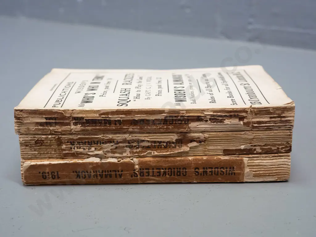 3 Wisden Cricketer's Almanack books - 1917 (hard to read) 1918 and 1919 - wear & marks, bindings in poor shape Image 1++