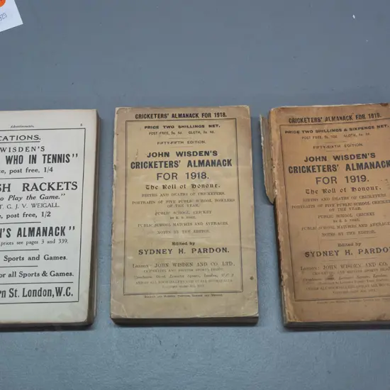 3 Wisden Cricketer's Almanack books - 1917 (hard to read) 1918 and 1919 - wear & marks, bindings in poor shape