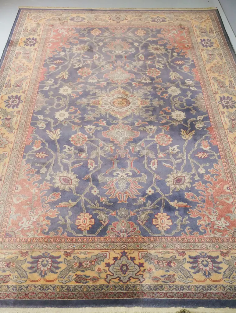 Belgian machine woven wool floor rug - muted blues, reds, browns - some fading and wear L-3000 W-2020 Image 1++