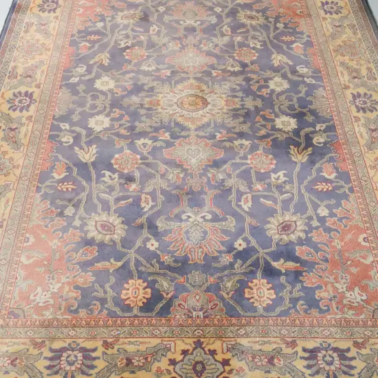 Belgian machine woven wool floor rug - muted blues, reds, browns - some fading and wear L-3000 W-2020