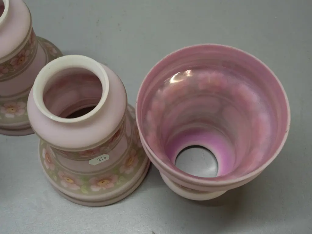 4 vintage frosted glass light shades - pink and floral decoration, one with pierced brass finish metal journal / fitting Image 1++