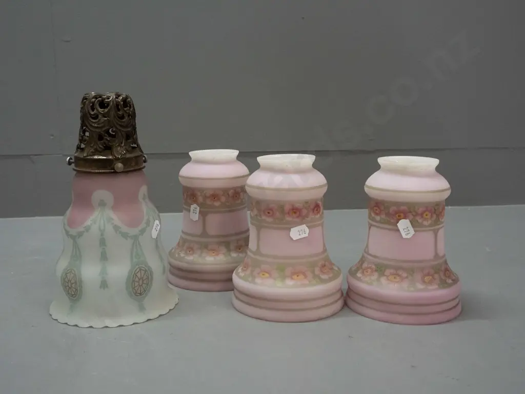 4 vintage frosted glass light shades - pink and floral decoration, one with pierced brass finish metal journal / fitting Image 1++