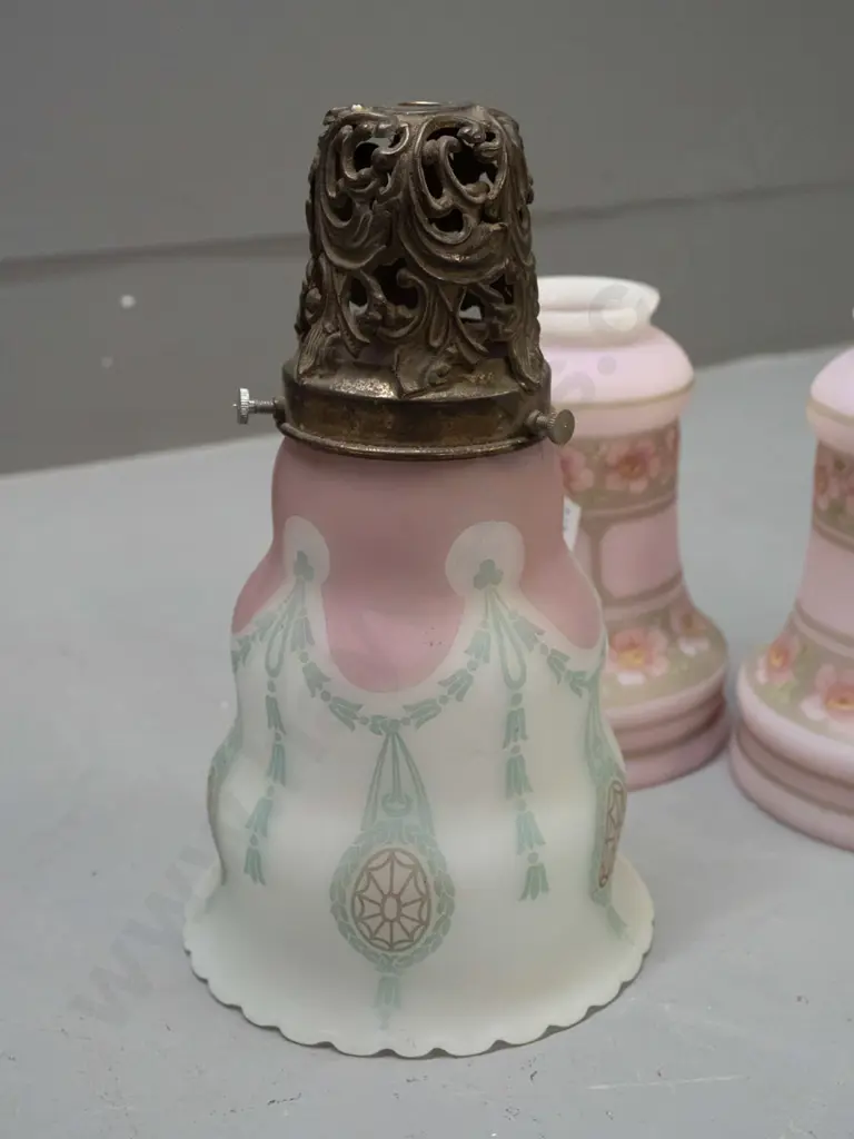 4 vintage frosted glass light shades - pink and floral decoration, one with pierced brass finish metal journal / fitting Image 1++