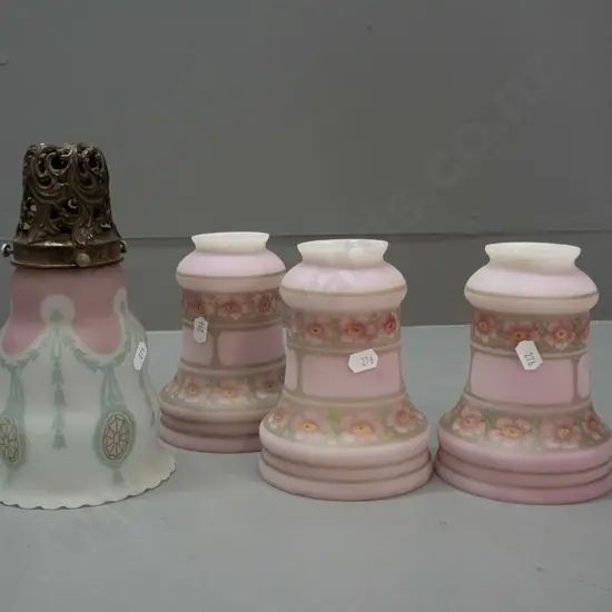 4 vintage frosted glass light shades - pink and floral decoration, one with pierced brass finish metal journal / fitting