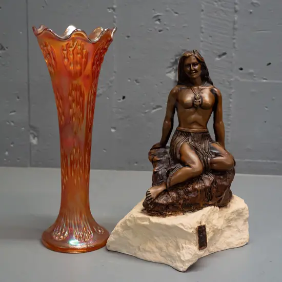 composite 'Pania of the Reef' figure with Allan Davey mark and sticker on base - some peeling finish - and a marigold