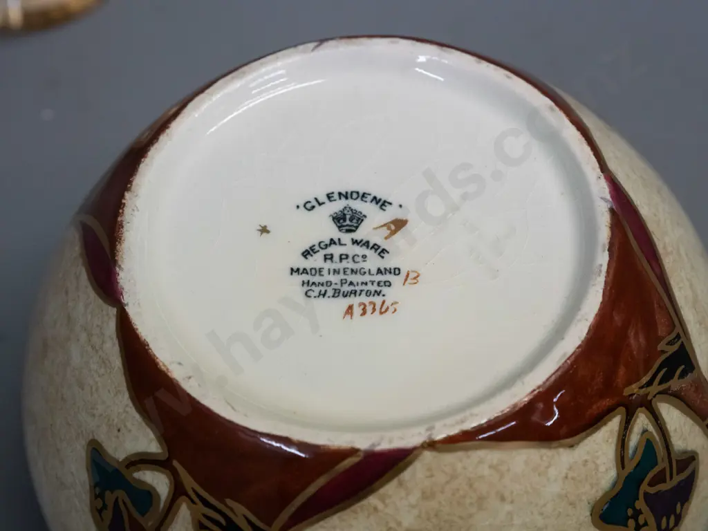 Glendene Regal Ware hand decorated mushroom and tree motif squat vase & small Aynsley Orchard Gold bud vase H-160 Image 1++