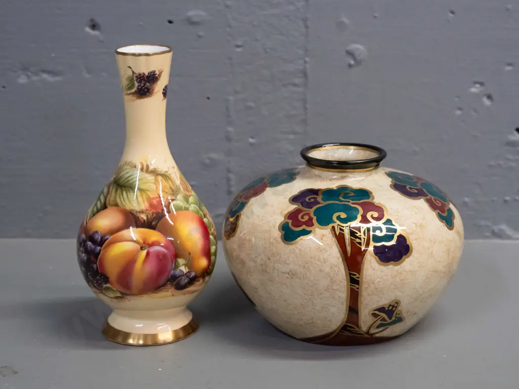 Glendene Regal Ware hand decorated mushroom and tree motif squat vase & small Aynsley Orchard Gold bud vase H-160 Image 1++