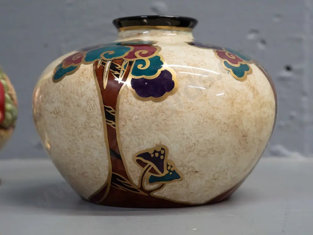 Glendene Regal Ware hand decorated mushroom and tree motif squat vase & small Aynsley Orchard Gold bud vase H-160 Image 1++