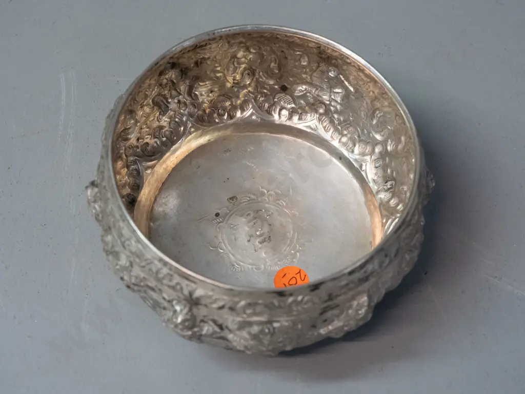 repousse silver or silver plated bowl with (Thai?) dancing figures and unknown marks on base, may have had lid H70 D120 Image 1++