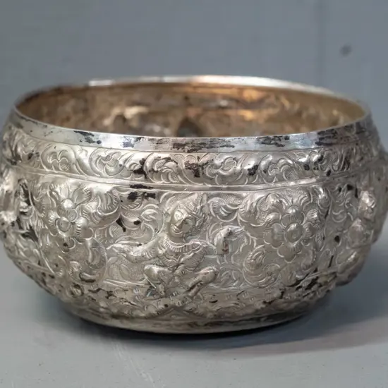 repousse silver or silver plated bowl with (Thai?) dancing figures and unknown marks on base, may have had lid H70 D120