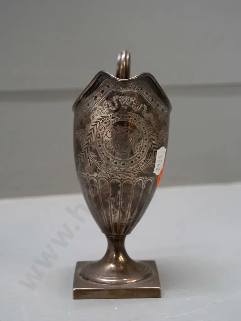 small hallmarked sterling silver helmet-shaped jug with monogram - slight dent/bend in stem H-150 Image 1++