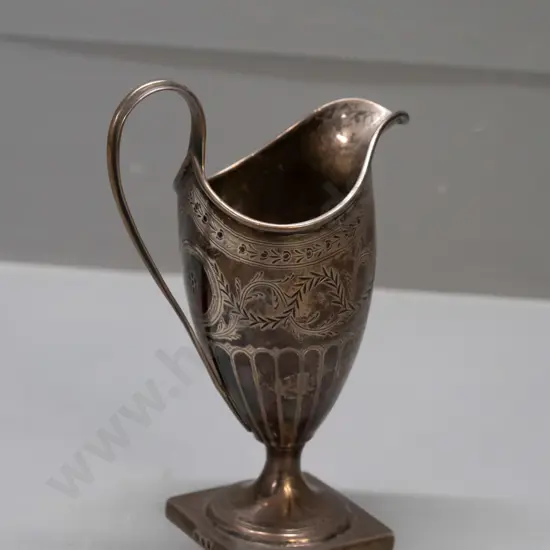 small hallmarked sterling silver helmet-shaped jug with monogram - slight dent/bend in stem H-150