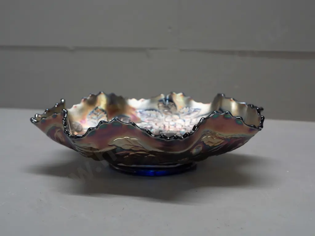frilled rim carnival glass bowl in blue lustre peacock design, with hanging wire around base D-220 Image 1++