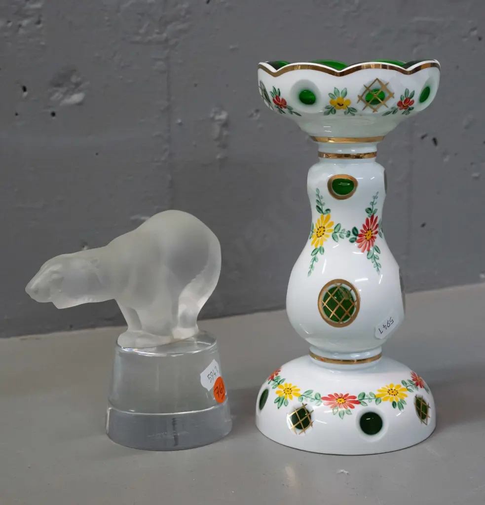 Sevres France crystal frosted polar bear on clear conical base and a Bohemia West German candlestick with oval cut to Image 1++