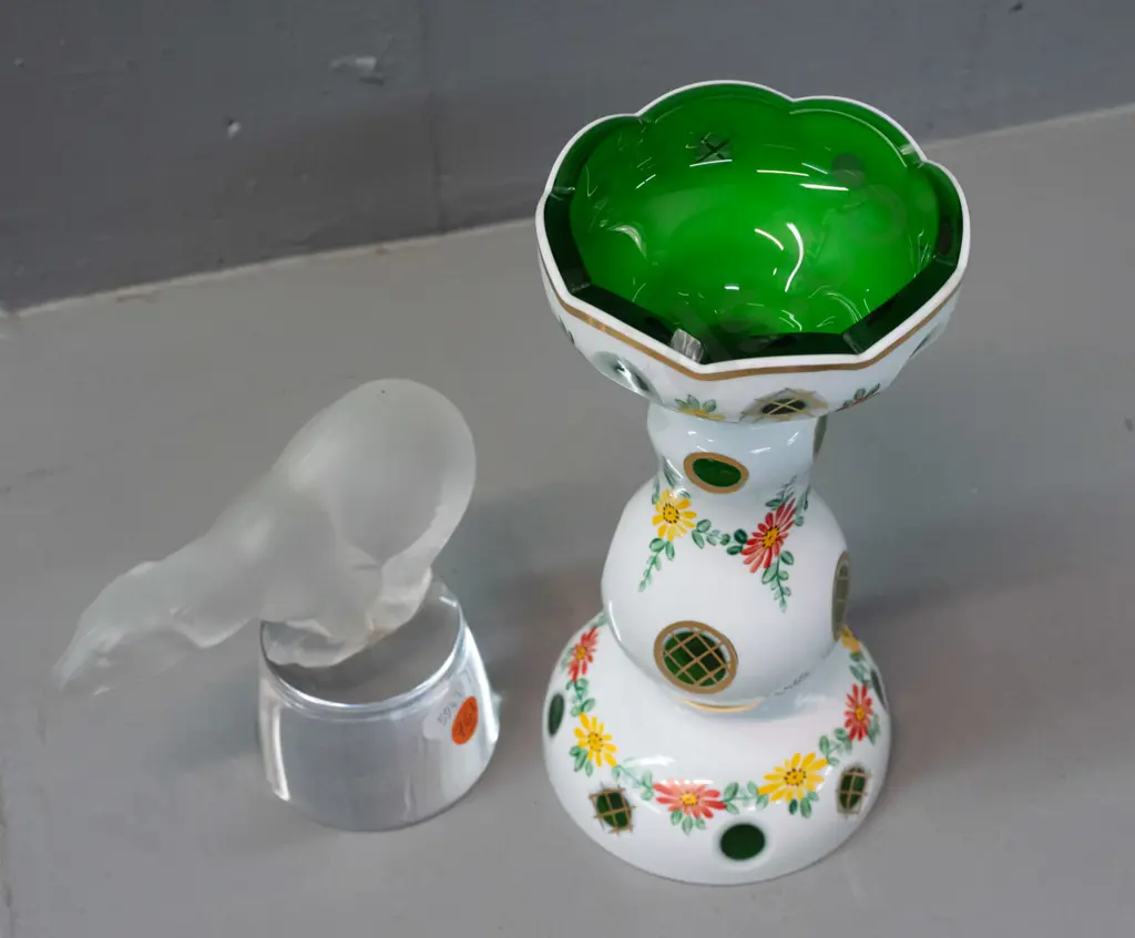 Sevres France crystal frosted polar bear on clear conical base and a Bohemia West German candlestick with oval cut to Image 1++