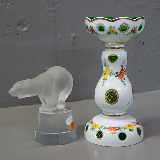 Sevres France crystal frosted polar bear on clear conical base and a Bohemia West German candlestick with oval cut to