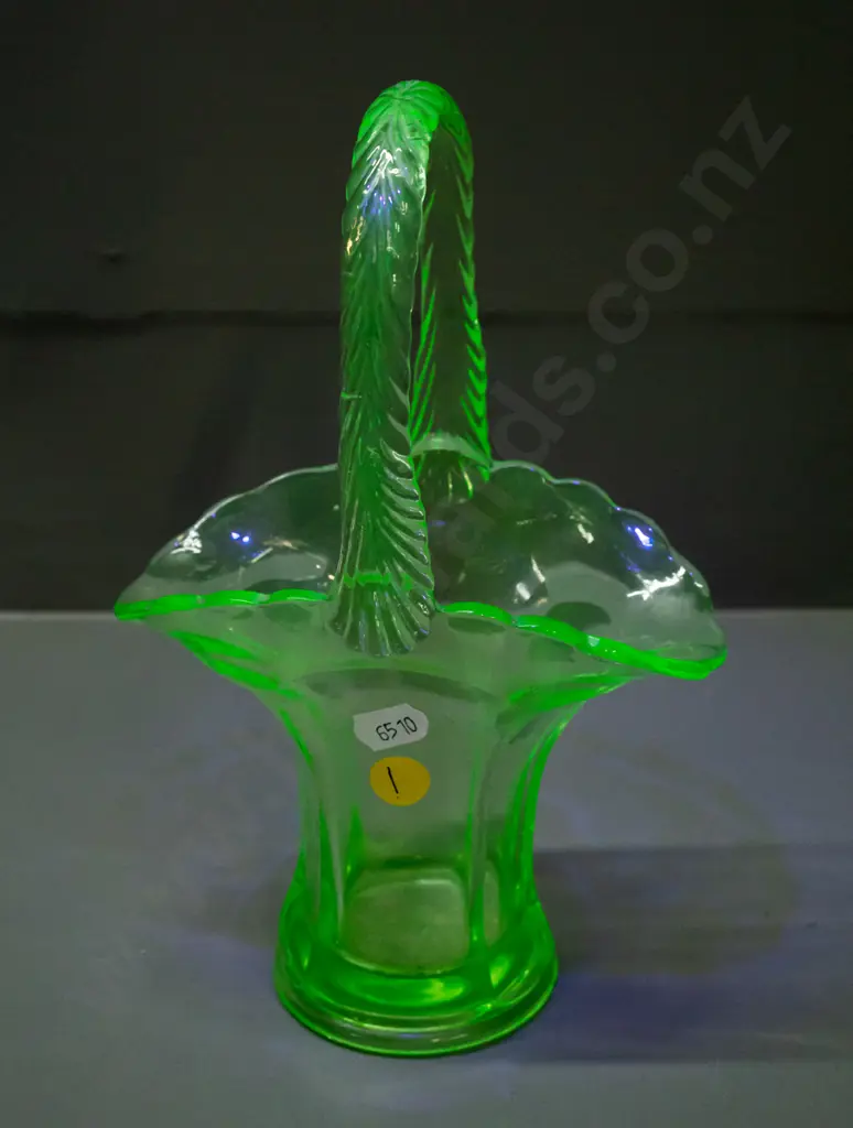 vintage uranium glass basket - rough edges to moulding, some scratches and small manufacturing flaws on handle. Nice Image 1++