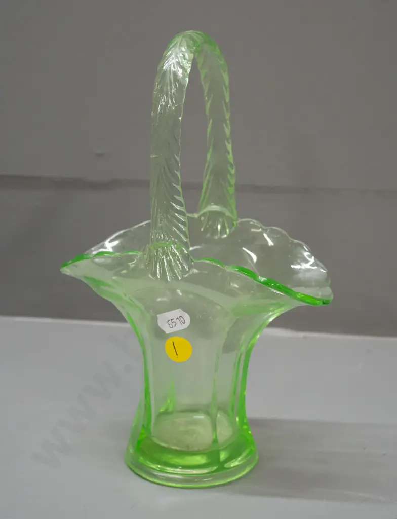 vintage uranium glass basket - rough edges to moulding, some scratches and small manufacturing flaws on handle. Nice Image 1++