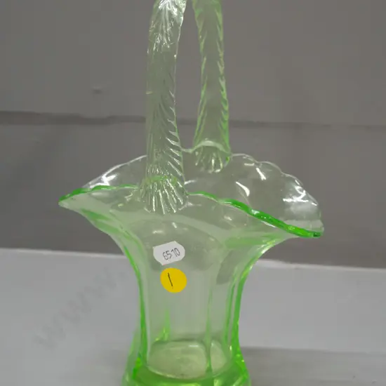 vintage uranium glass basket - rough edges to moulding, some scratches and small manufacturing flaws on handle. Nice
