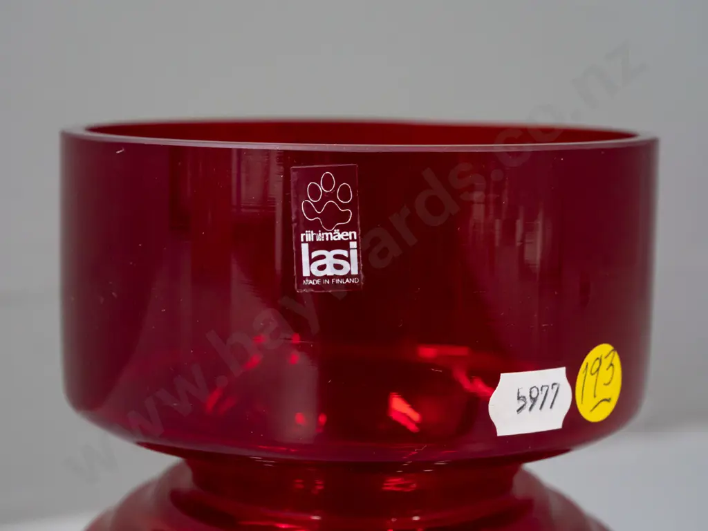 retro Riihimäen Lasi Finland art glass vase - ruby with clear base, with original sticker H-180 D-120 Image 1++