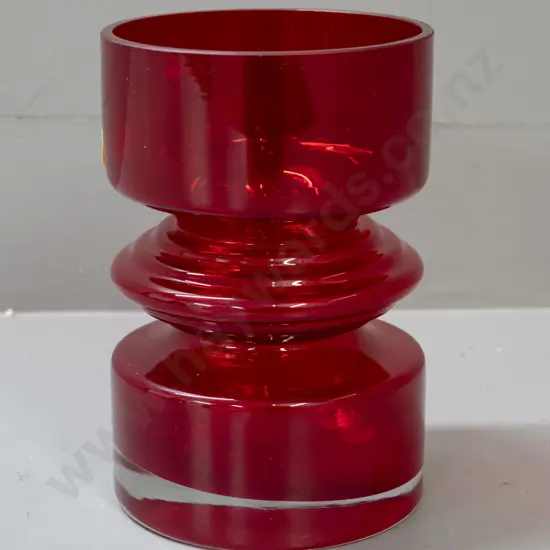retro Riihimäen Lasi Finland art glass vase - ruby with clear base, with original sticker H-180 D-120